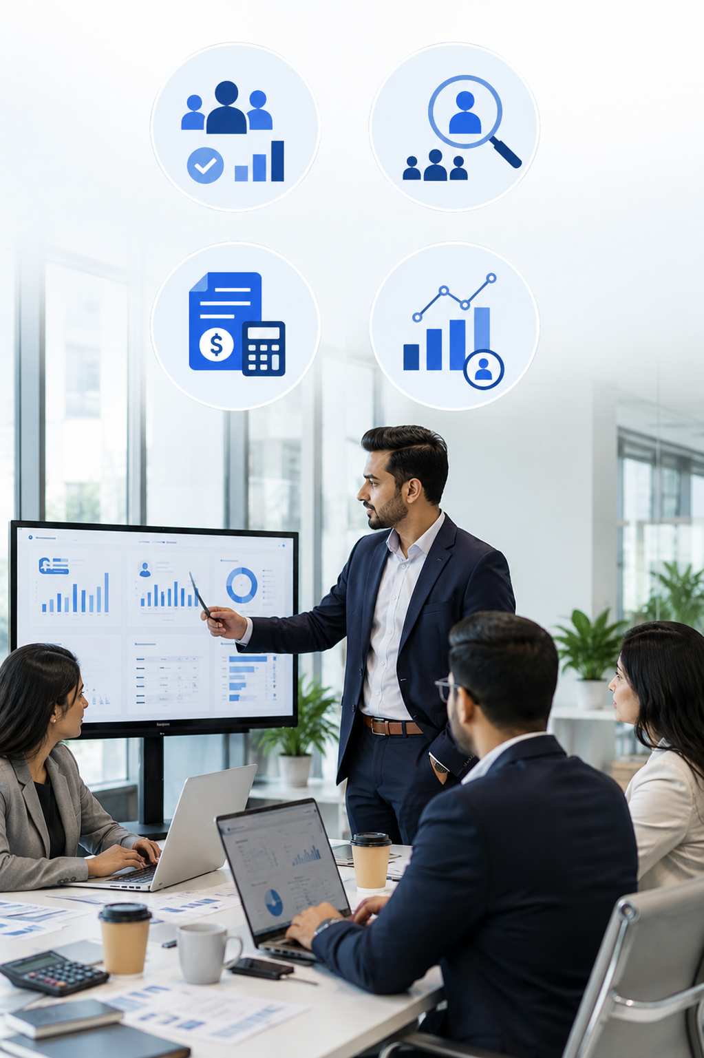 Team reviewing workforce strategy on screen